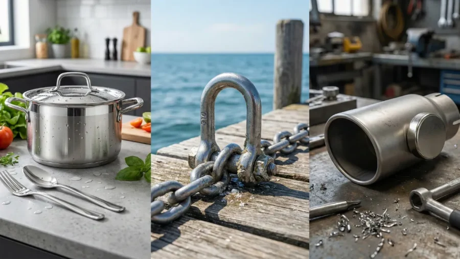 304, 316 ve 430 paslanmaz çelik kalitelerinin kullanım alanlarını gösteren karşılaştırma görseli: Gıda uyumlu mutfak tenceresi (304), deniz suyuna dayanıklı zincir (316) ve manyetik sanayi parçası (430).