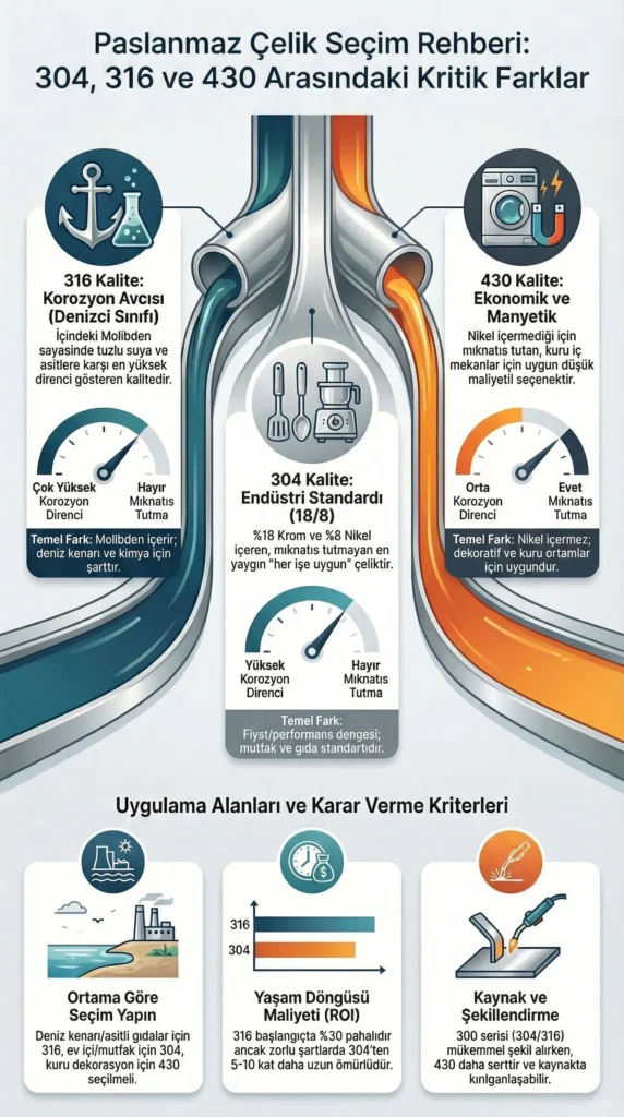 304, 316 ve 430 paslanmaz çelik türleri arasındaki korozyon direncini, mıknatıslanma özelliğini ve yaşam döngüsü maliyetini (ROI) karşılaştıran detaylı seçim rehberi infografiği.