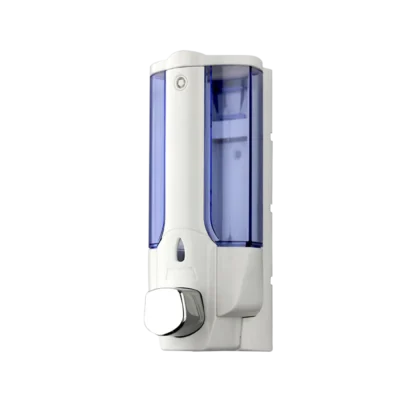 380 ml kapasiteli, butonlu, yarı saydam hazneli ABS plastik şampuan ve sabun dispenseri.