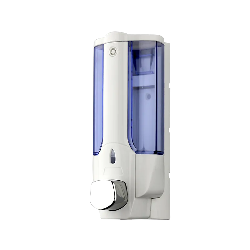 380 ml kapasiteli, butonlu, yarı saydam hazneli ABS plastik şampuan ve sabun dispenseri.