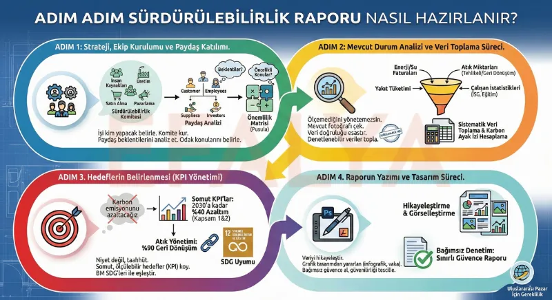 4 adımda sürdürülebilirlik raporu hazırlama rehberi: Strateji belirleme, veri toplama, KPI hedefleri ve rapor yazımı aşamalarını gösteren şema.