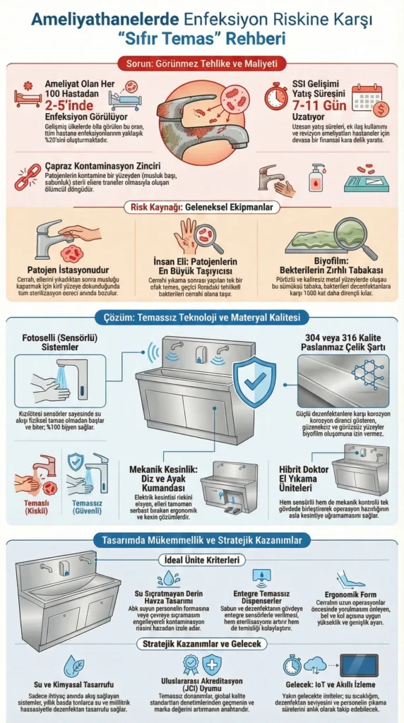 Ameliyathane enfeksiyonları (SSI), çapraz kontaminasyon riskleri ve geleneksel ekipmanların tehlikelerini anlatan detaylı infografik. Çözüm olarak fotoselli, diz ve ayak kumandalı temassız doktor el yıkama üniteleri, 304/316 kalite paslanmaz çelik kullanımı ve ideal tasarım kriterleri (derin havza, entegre dispenser) gösteriliyor. Ayrıca su tasarrufu, JCI akreditasyonu ve IoT tabanlı akıllı izleme gibi stratejik kazanımlar vurgulanıyor.