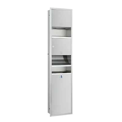 Duvara gömme montajlı, 3 fonksiyonlu (kağıt, fön, çöp) paslanmaz çelik ıslak hacim ünitesi.