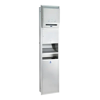 Duvara gömme montajlı, tam otomatik sensörlü kağıt havlu, sensörlü el kurutma ve çöp kovalı paslanmaz çelik ünite.