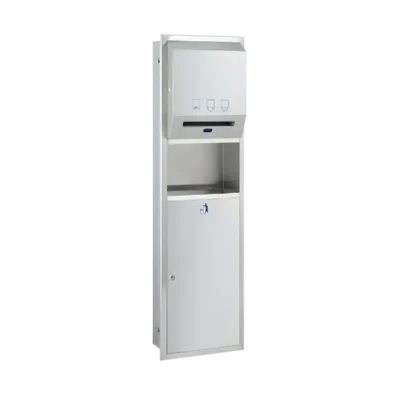 Duvara gömme montajlı, otomatik sensörlü kağıt havlu vericili ve 23 litre çöp kovalı paslanmaz çelik ünite.