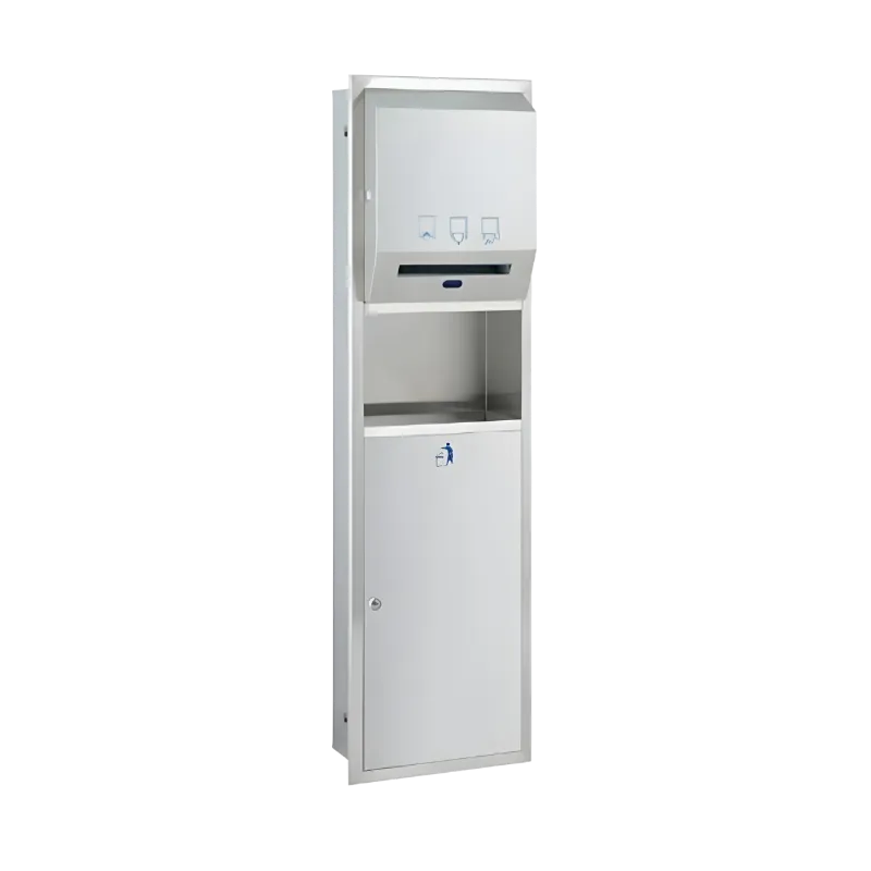 Duvara gömme montajlı, otomatik sensörlü kağıt havlu vericili ve 23 litre çöp kovalı paslanmaz çelik ünite.