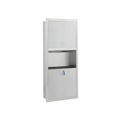 Duvara gömme montajlı (ankastre), üstte kağıt havluluk, altta 10 litre çöp kovası bulunan paslanmaz çelik kombine ünite.