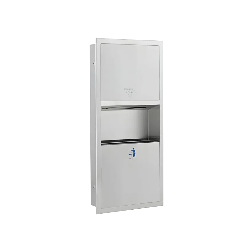 Duvara gömme montajlı (ankastre), üstte kağıt havluluk, altta 10 litre çöp kovası bulunan paslanmaz çelik kombine ünite.
