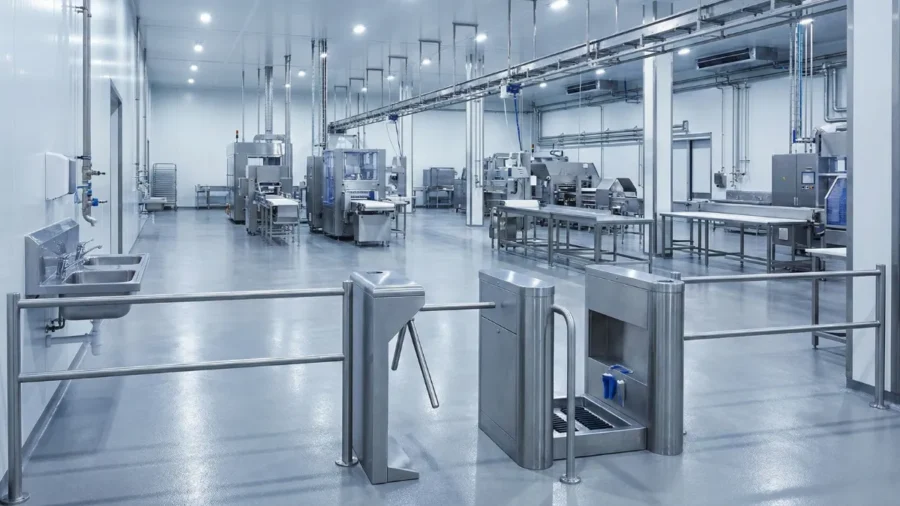 BRC gıda güvenliği standartlarına uygun olarak tasarlanmış, turnikeli hijyen bariyeri ve paslanmaz çelik üretim hatları bulunan modern endüstriyel tesis.