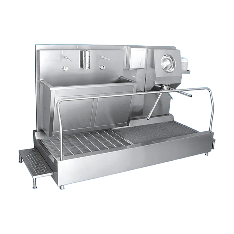 2500 mm uzunluğunda, çift fotoselli lavabosu ve turnikeli el dezenfeksiyon cihazı bulunan 304 kalite paslanmaz çelik endüstriyel hijyen bariyeri.