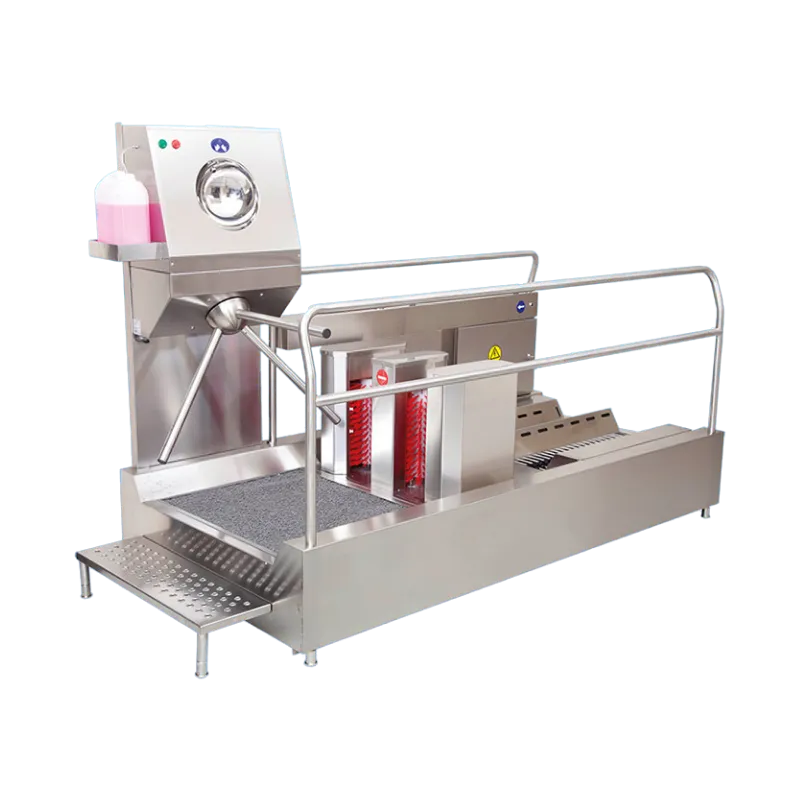 Dikey ve yatay motorlu fırçalara sahip çizme yıkama sistemi ve sensörlü tek hazneli el dezenfektan ünitesi bulunan 304 kalite paslanmaz turnikeli hijyen bariyeri.