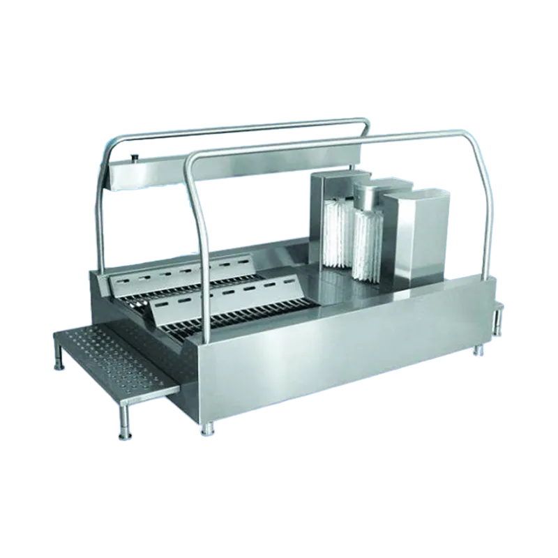 Zemin hijyeni için tasarlanmış, dikey konç fırçaları ve yatay taban fırçalarına sahip 304 kalite paslanmaz çelik otomatik çizme ve ayakkabı yıkama makinesi.