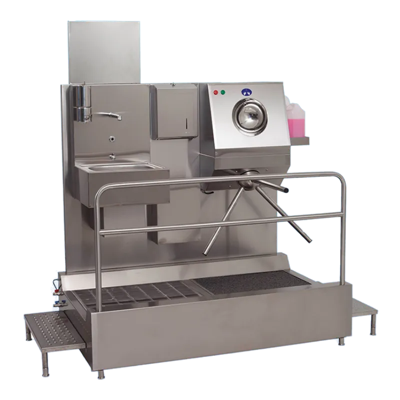 Dizden vurmalı lavabosu ve çift hazneli el dezenfeksiyon ünitesi bulunan, 304 kalite paslanmaz çelikten üretilmiş turnikeli endüstriyel hijyen bariyeri.