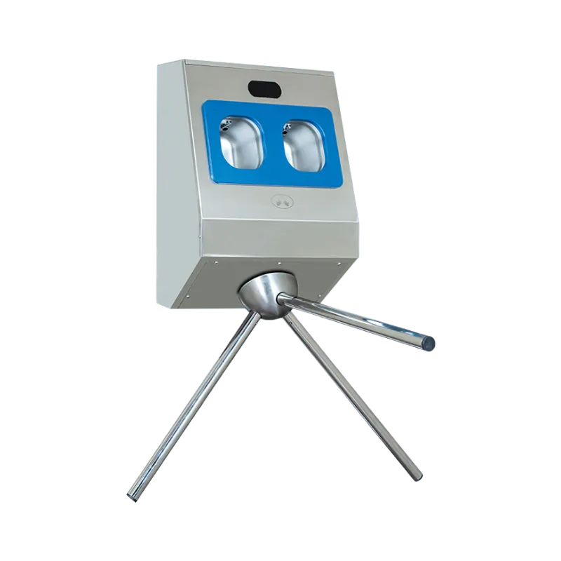 Zemin alanı dar endüstriyel tesisler için duvara monte edilebilen, mavi panelli sensörlü çift çanak el dezenfektan cihazı ve paslanmaz tripod turnike sistemi.