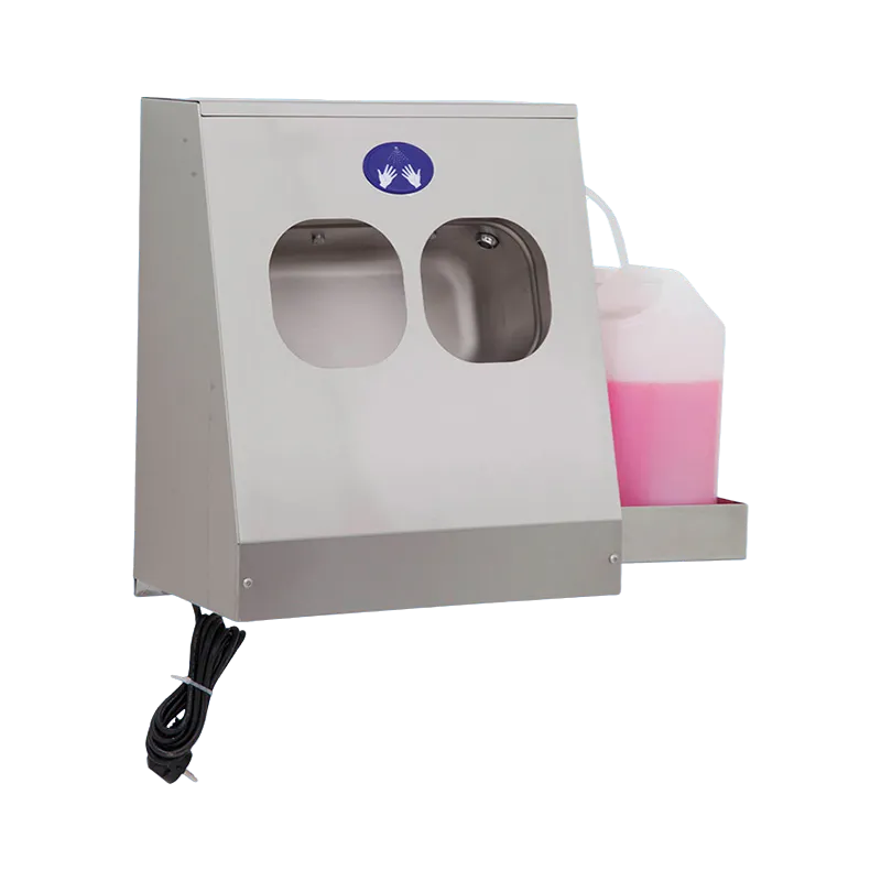 Turnikesiz bağımsız kullanım için tasarlanmış, duvara monte edilebilen, harici 5 litre sıvı askısına sahip 304 kalite paslanmaz çift çanak sensörlü el dezenfektan cihazı.