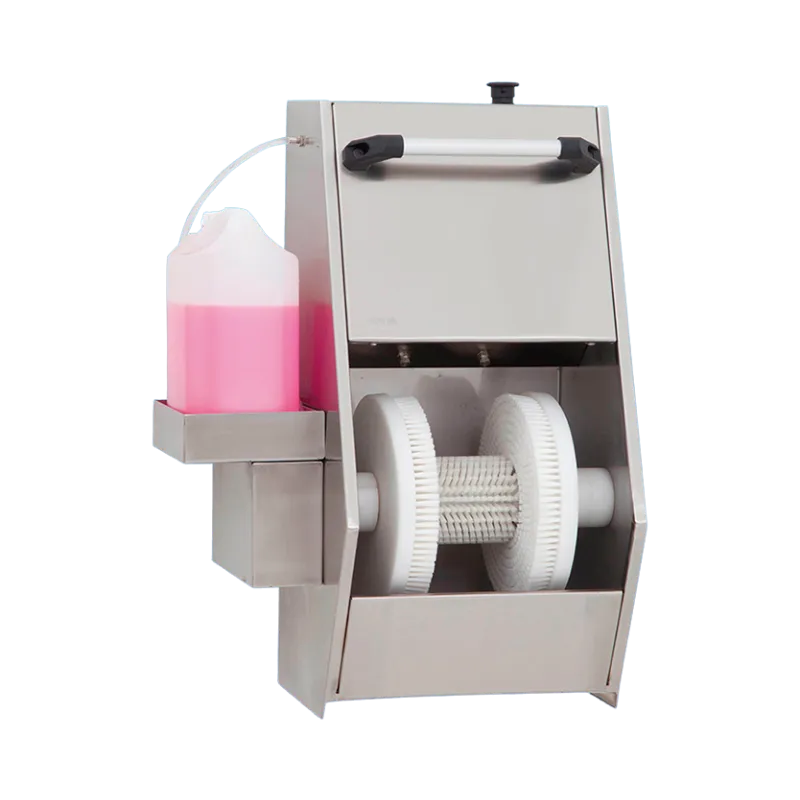 Dar alanlar için tasarlanmış duvara monte edilebilen, entegre tutunma barlı ve 5 litre harici bidon askısına sahip sensörlü döner fırçalı saten paslanmaz taban yıkama makinesi.