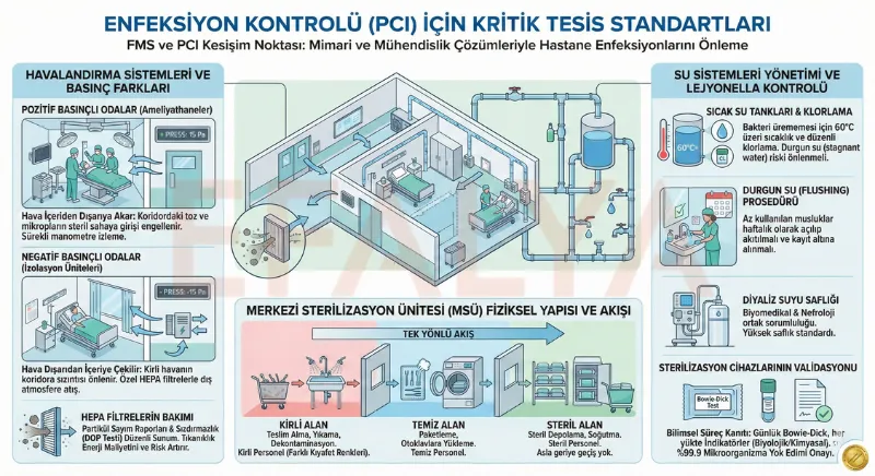Hastane enfeksiyon kontrolü (PCI) kapsamında pozitif ve negatif basınçlı odalar, HEPA filtre yönetimi, lejyonella için su güvenliği ve merkezi sterilizasyon ünitesi (MSÜ) mimari akış şeması.