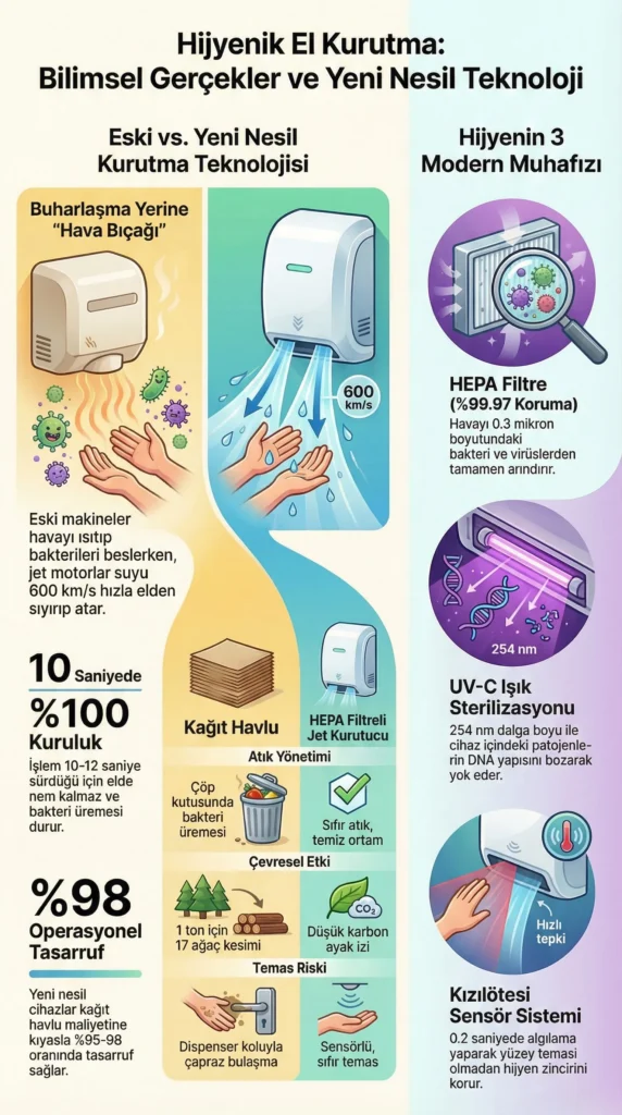 Eski tip ısıtmalı kurutucular ile yeni nesil jet motorlu el kurutma makinelerinin hijyen karşılaştırmasını gösteren infografik; HEPA filtre koruması, UV-C ışık sterilizasyonu ve kağıt havluya göre maliyet avantajları detaylandırılmıştır.