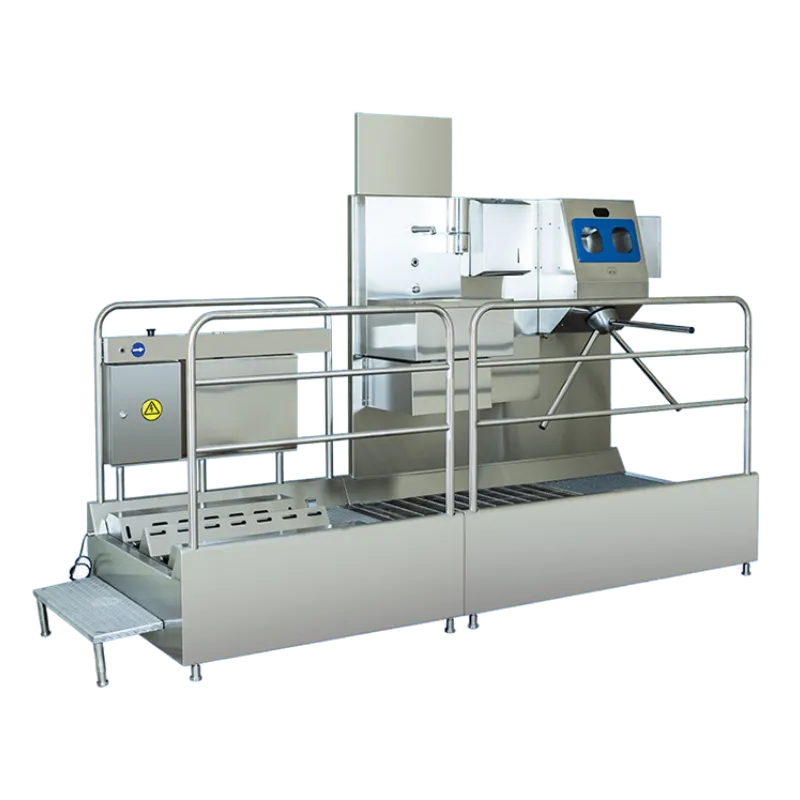 Fırçalı taban yıkama modülü, sensörlü el yıkama evyesi, çift çanaklı dezenfektan cihazı ve paslanmaz turnikeden oluşan 304 kalite komple sanitasyon hattı.