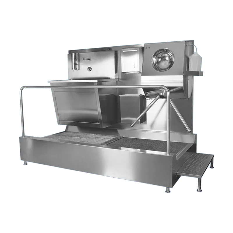 2100 mm uzunluğunda, 304 kalite paslanmaz çelikten üretilmiş sensörlü lavabolu, el dezenfektanlı ve turnikeli geniş platformlu hijyen bariyeri.