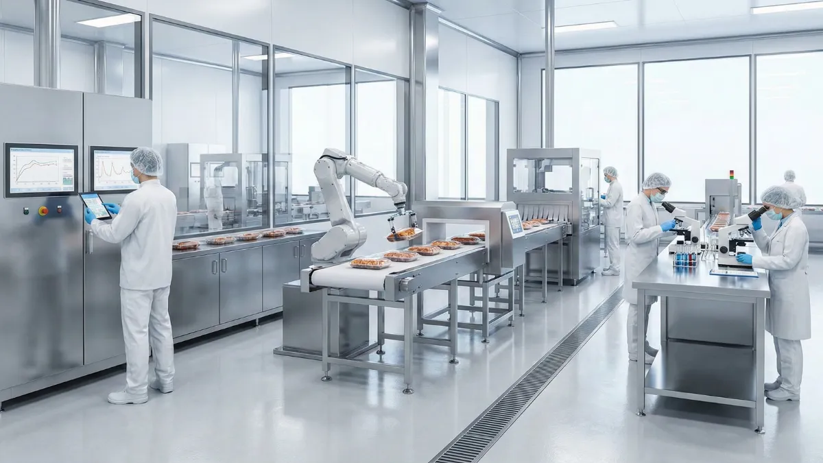 HACCP gıda güvenliği standartlarına uygun olarak tasarlanmış, paslanmaz çelik ekipmanlar ve akıllı otomasyon sistemleriyle donatılmış modern hijyenik gıda üretim tesisi.