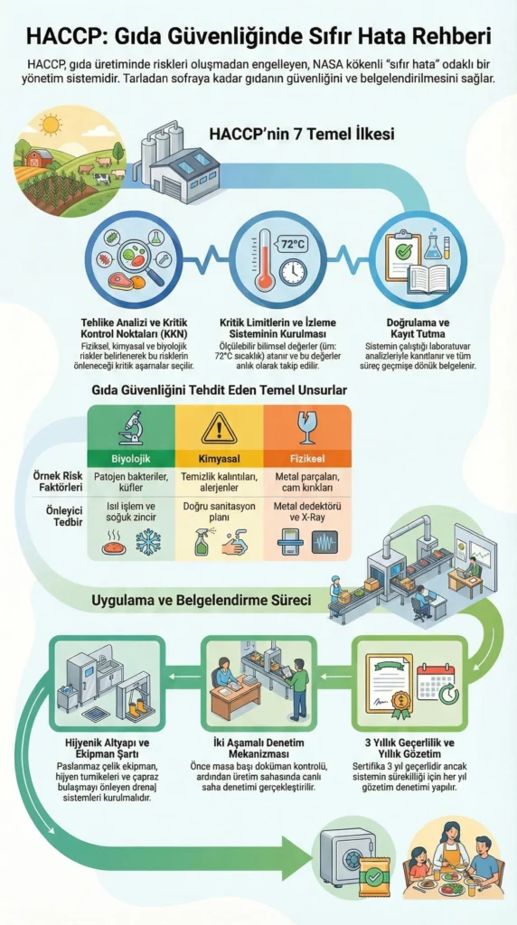 HACCP gıda güvenliğinde sıfır hata rehberi infografiği. 7 temel ilke, biyolojik, kimyasal ve fiziksel risk faktörleri ile paslanmaz çelik ekipman, hijyen turnikeleri ve drenaj sistemleri gerektiren belgelendirme süreci adımları.