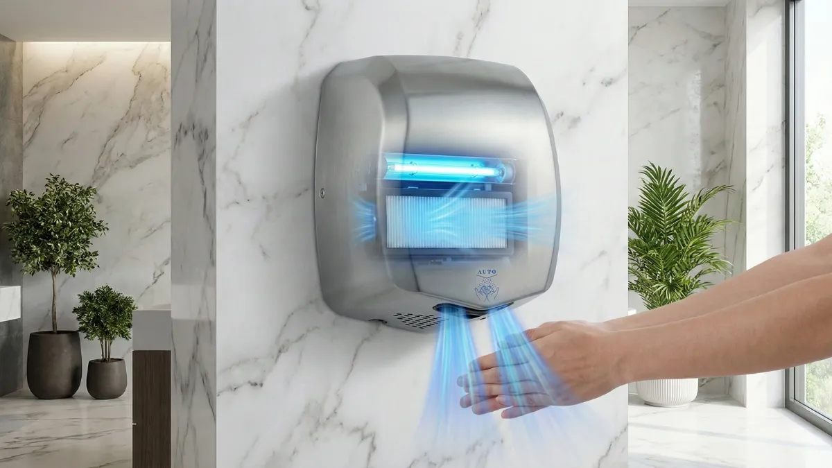 Mermer yüzeyde asılı, iç mekanizması görünen paslanmaz çelik jet motorlu el kurutma makinesi; HEPA filtre, UV-C sterilizasyon ışığı ve yüksek hızlı hava akımının elleri temassız kurutma anını gösteren teknik illüstrasyon.