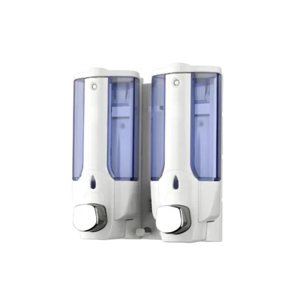 2 adet 380 ml hazneli, butonlu, yarı saydam ABS plastik ikili şampuan ve sabun dispenseri.