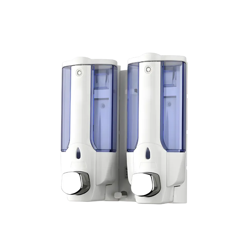 2 adet 380 ml hazneli, butonlu, yarı saydam ABS plastik ikili şampuan ve sabun dispenseri.