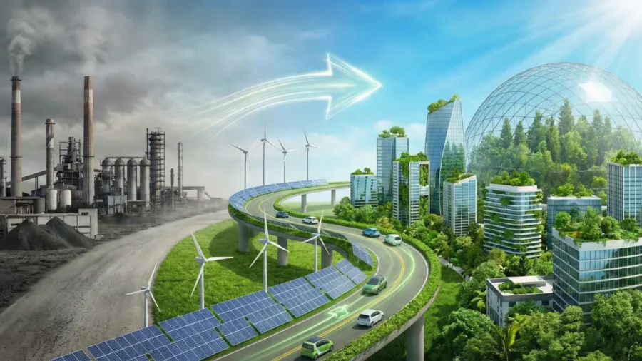 Karbon yoğun sanayi üretiminden yenilenebilir enerjiye ve yeşil şehirlere dönüşümü simgeleyen kurumsal iklim geçiş planı illüstrasyonu.