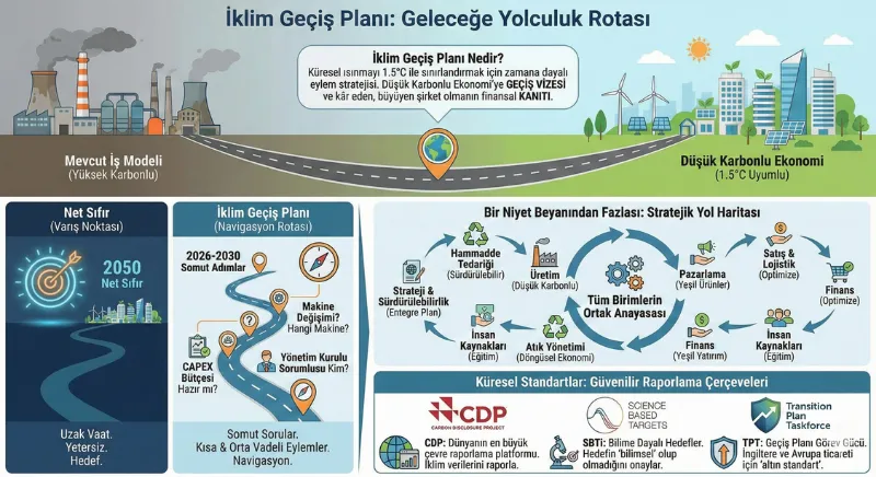İklim geçiş planı ile net sıfır hedefi arasındaki farkları, stratejik yol haritasını, CDP ve SBTi gibi raporlama standartlarını anlatan detaylı infografik şeması.