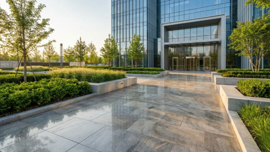 Modern mimariye sahip lüks bir iş merkezinin temiz, düzenli ve yeşilliklerle çevrili açık alan peyzaj tasarımı.