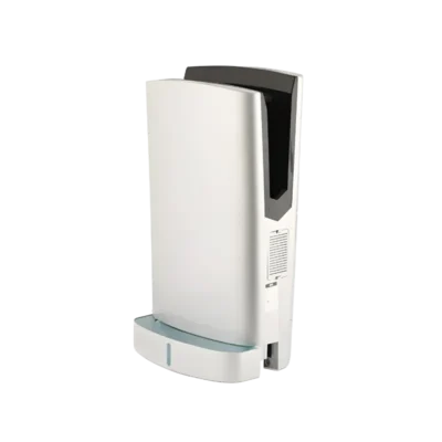 Isıtıcılı ve soğutmalı kule tipi el kurutma makinesi, gümüş renkli ABS gövde, dijital sensörlü ve su hazneli.