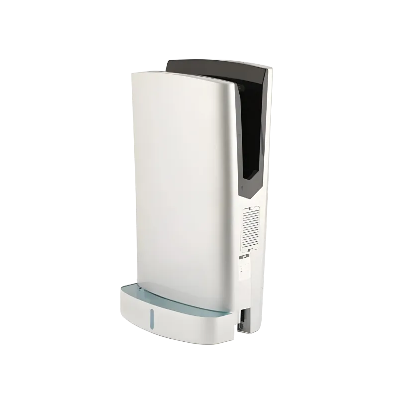 Isıtıcılı ve soğutmalı kule tipi el kurutma makinesi, gümüş renkli ABS gövde, dijital sensörlü ve su hazneli.