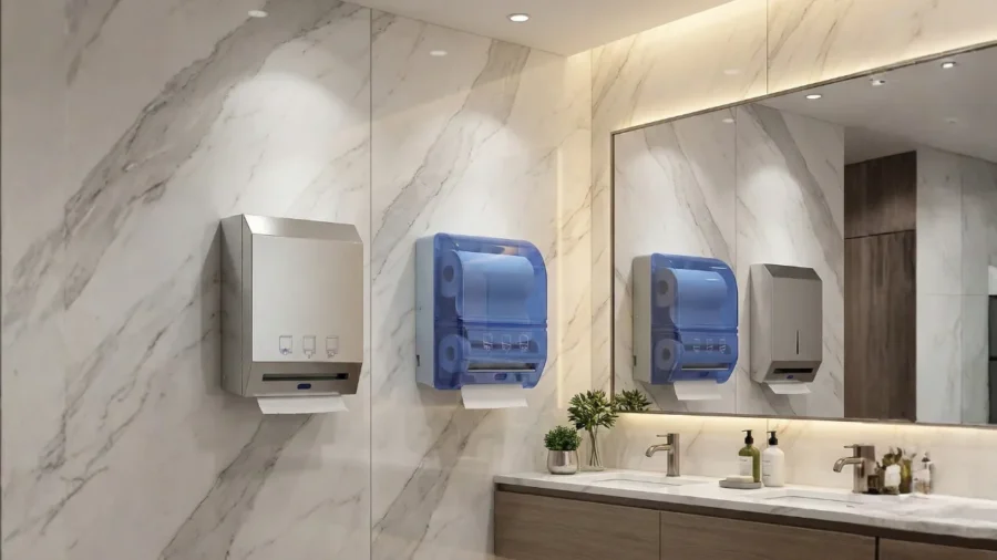 Modern ve lüks bir işletme lavabosunda duvara monte edilmiş paslanmaz çelik ve şeffaf fotoselli kağıt havlu makineleri uygulaması.