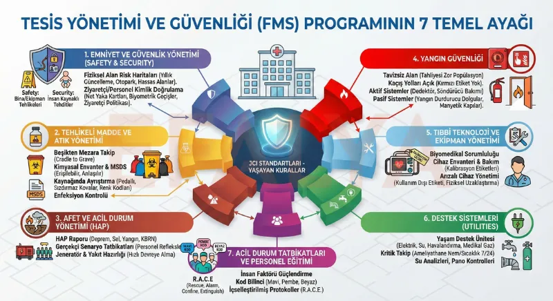 JCI akreditasyonu için gerekli Tesis Yönetimi ve Güvenliği (FMS) programının 7 temel ayağını (Emniyet, Tehlikeli Madde, Afet, Yangın, Tıbbi Ekipman, Altyapı) gösteren infografik şeması.