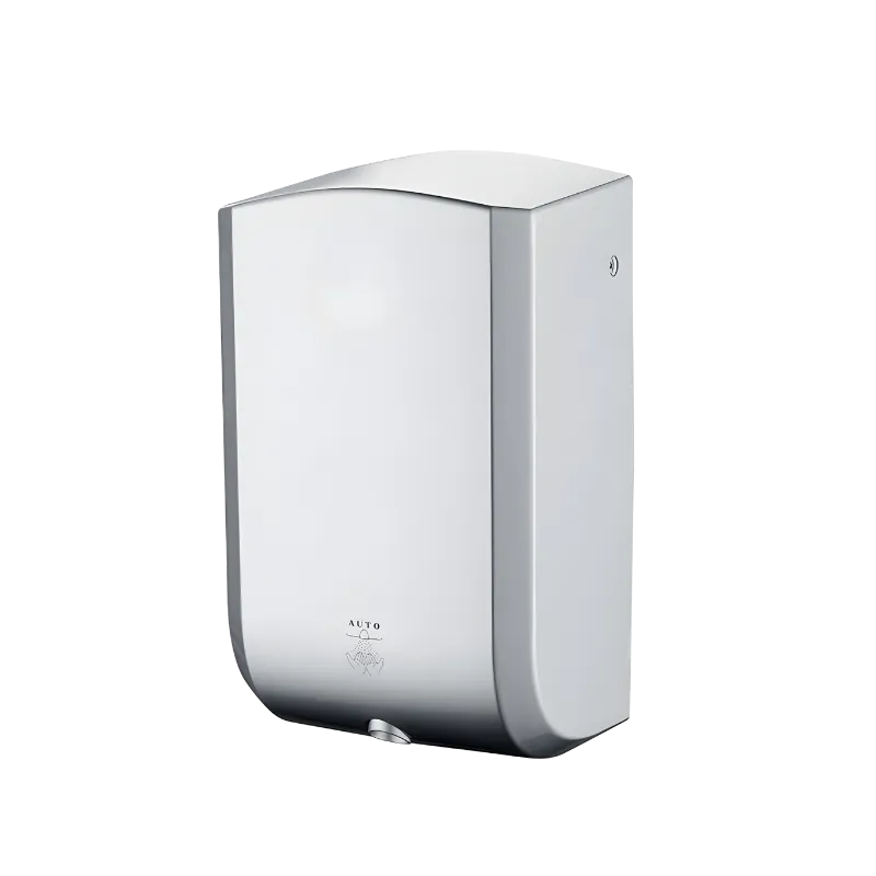 Gümüş renkli, kompakt tasarımlı, UV ve HEPA filtreli, fırçasız motorlu otomatik el kurutma makinesi.