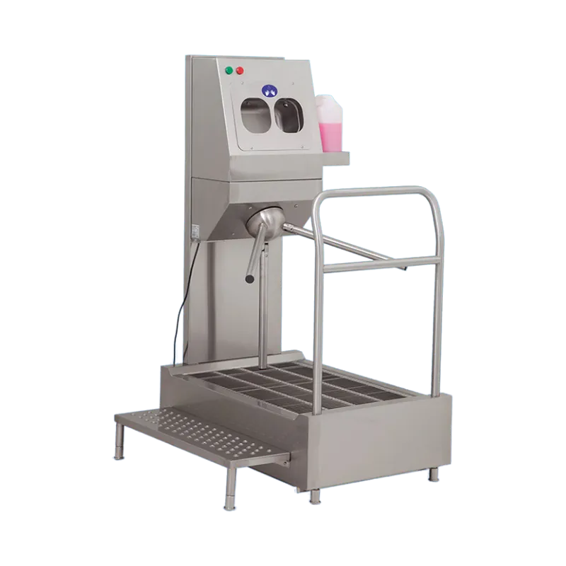 Dar alanlar için evyesiz üretilmiş, çift çanaklı sensörlü el dezenfektan ünitesi ve tripod geçiş sistemine sahip 304 paslanmaz kompakt hijyen bariyeri.