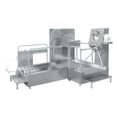 L Tipi Köşeli Tasarım – Fırçalı Taban Yıkamalı ve Evyeli Turnikeli Hijyen İstasyonu