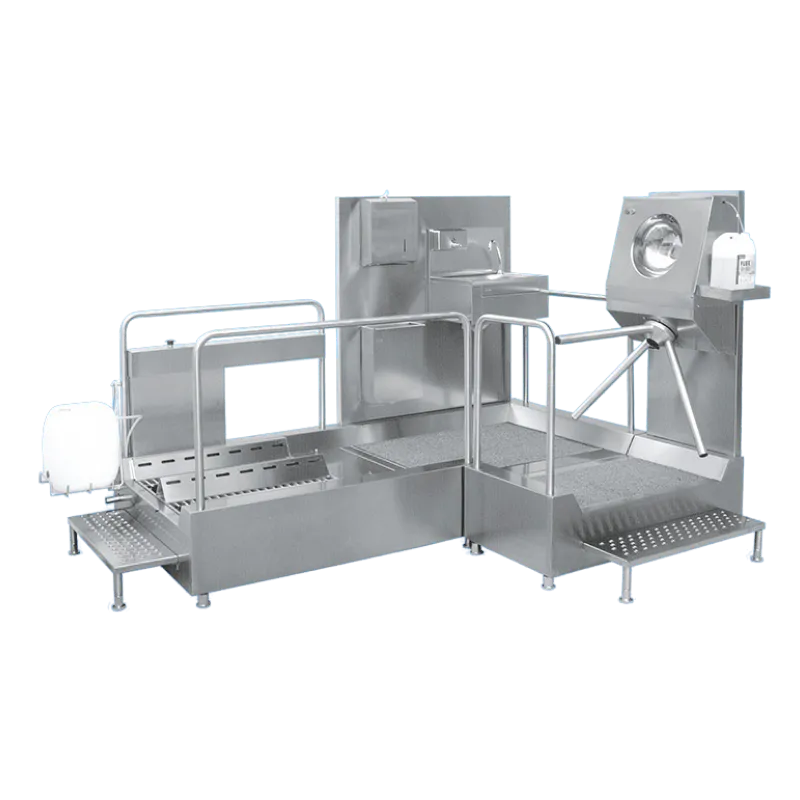 L tipi köşeli formda tasarlanmış, girişinde fotoselli taban yıkama fırçaları, devamında el yıkama evyesi ve tek hazneli dezenfektanlı turnike bulunan 304 paslanmaz hijyen bariyeri.