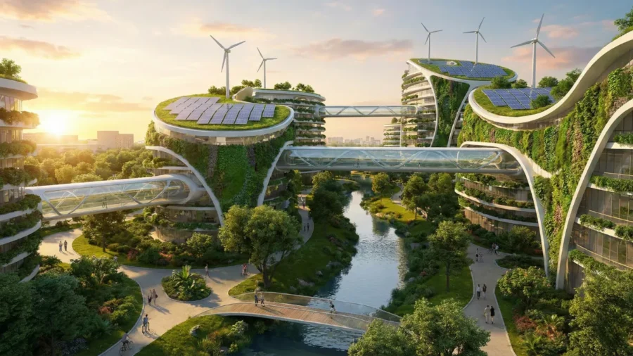 Güneş panelleri, rüzgar türbinleri ve entegre sıfır atık sistemleri ile donatılmış, doğayla iç içe tasarlanmış sürdürülebilir yeşil bina mimarisi.