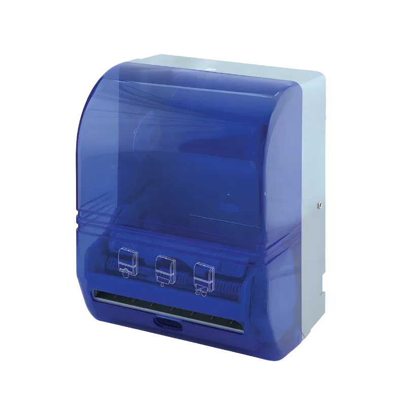 Mavi şeffaf kapaklı, ABS plastik gövdeli, içini gösteren otomatik kağıt havlu dispenseri.