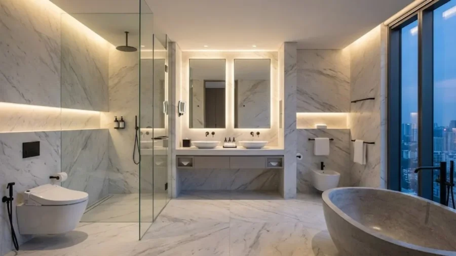 Lüks mermer kaplamalı, asma klozet, geniş aynalar ve minimalist ekipmanlarla tasarlanmış modern otel banyosu ve ıslak hacim tasarımı.