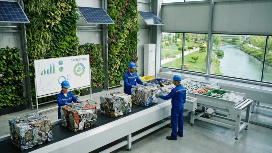 Organize Sanayi Bölgesinde (OSB) sürdürülebilir üretim yapan, dikey bahçeli ve gün ışığı alan modern fabrikada metal hurda atıkların preslenip geri dönüşüme hazırlandığı temiz üretim bandı ve mavi yakalı personel.