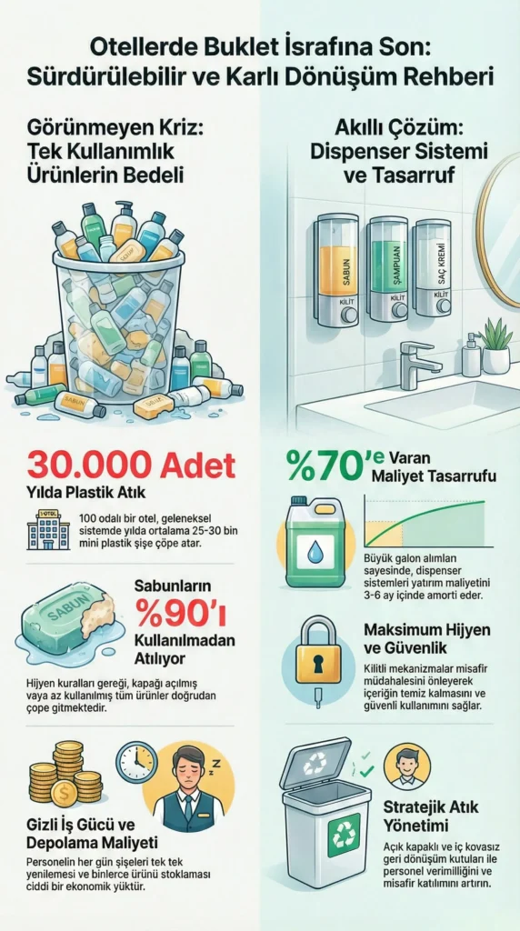 Otellerde tek kullanımlık buklet ürünlerinin yarattığı plastik atık israfı ile kilitli otel tipi şampuan dispenseri ve sallanır kapaklı, iç kovasız geri dönüşüm kutusu kullanımının sağladığı tasarruf ve hijyen karşılaştırması infografiği.