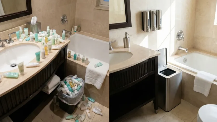 Otel banyosunda tek kullanımlık buklet şişelerinin yarattığı plastik çöp yığını ile duvara monte otel tipi şampuan dispenseri ve sallanır kapaklı geri dönüşüm kutusunun kullanıldığı sıfır atık banyo karşılaştırması.