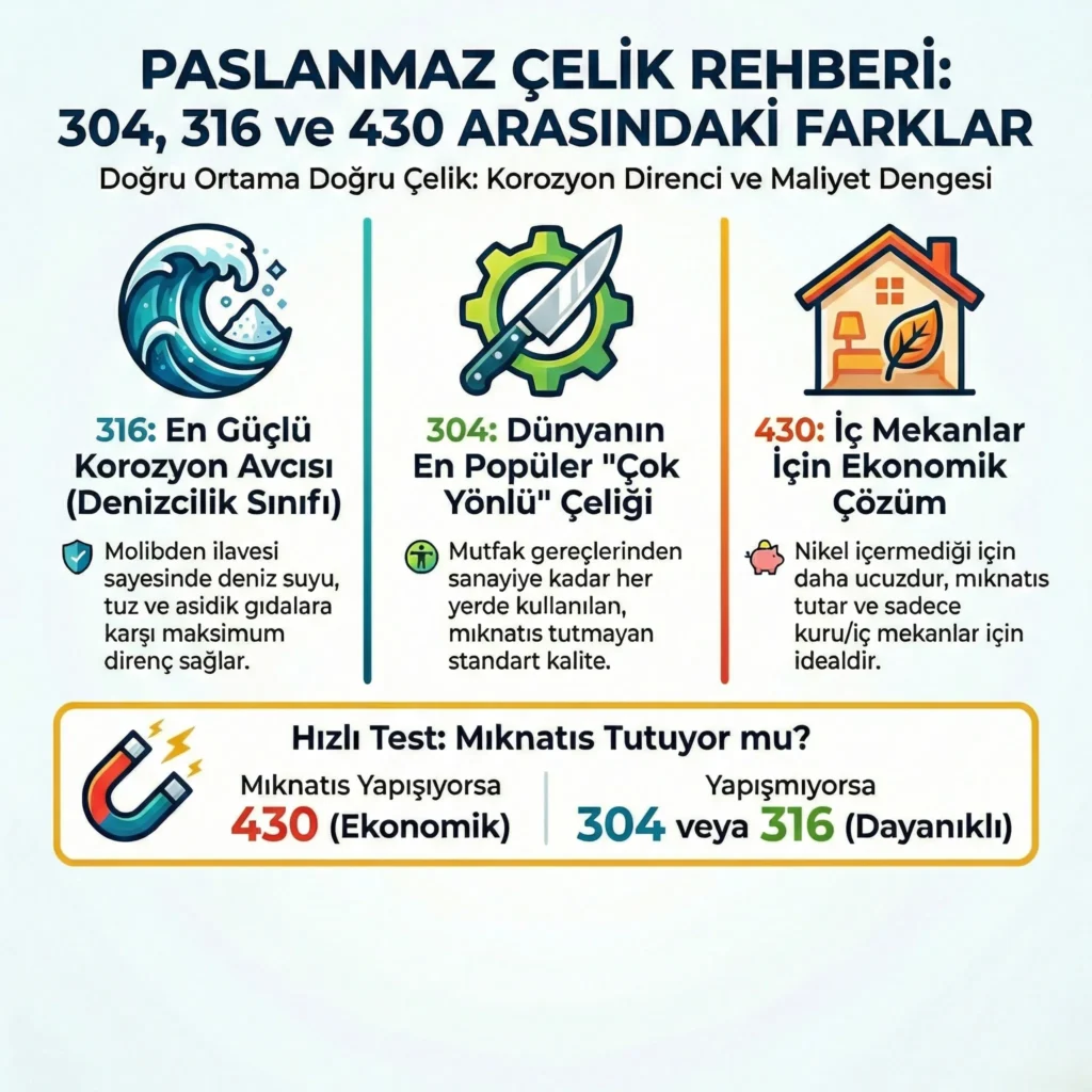 Paslanmaz çelik kalitelerini ayırt etmek için mıknatıs testi yöntemi: 430 kalite mıknatıs tutarken, 304 ve 316 kalitenin tutmadığını gösteren görsel rehber.