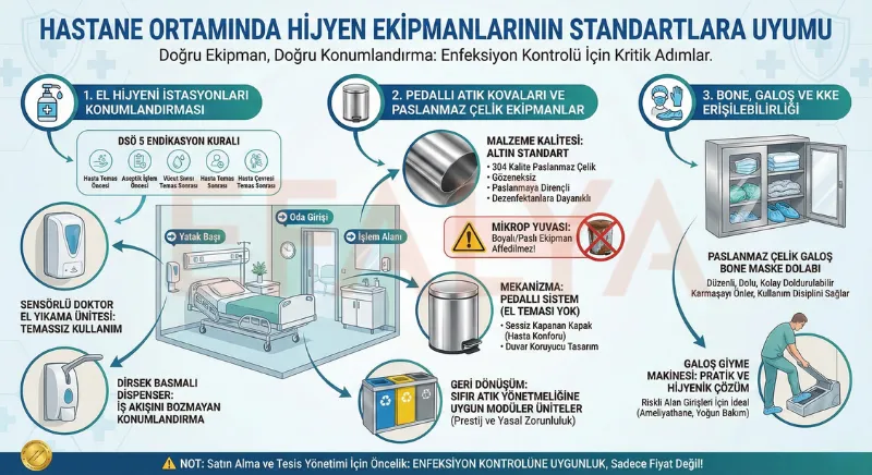 JCI standartlarına uygun 304 kalite paslanmaz çelik pedallı tıbbi atık kovası, sensörlü el dezenfektan ünitesi ve hijyenik galoş bone maske dolabı yerleşim şeması.