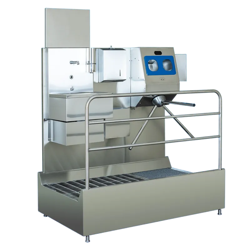 304 kalite paslanmaz çelikten üretilmiş, sensörlü el yıkama evyesi, çift çanak dezenfektan ünitesi ve turnike geçiş sistemli endüstriyel hijyen bariyeri.