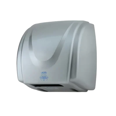 Alüminyum alaşımlı gümüş renkli, kavisli tasarıma sahip, sessiz çalışan 1800W fotoselli el kurutma makinesi.